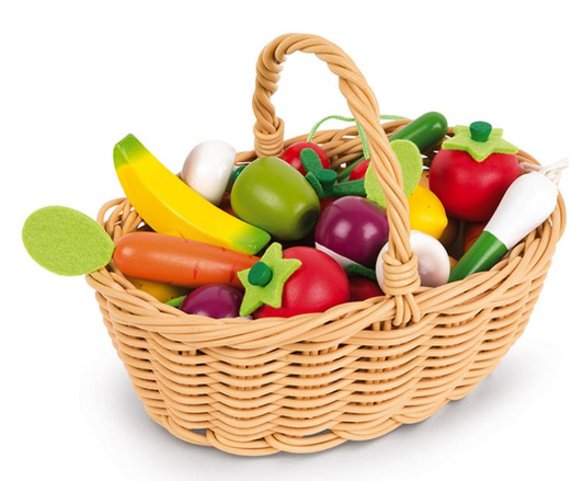 Cesta de 24 Frutas y Verduras - Janod, juego educativo de imitación en madera para niños