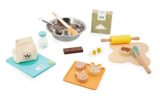 Mi Taller de Pastelería - Janod, set de cocina con accesorios de madera para niños de 3 años en adelante